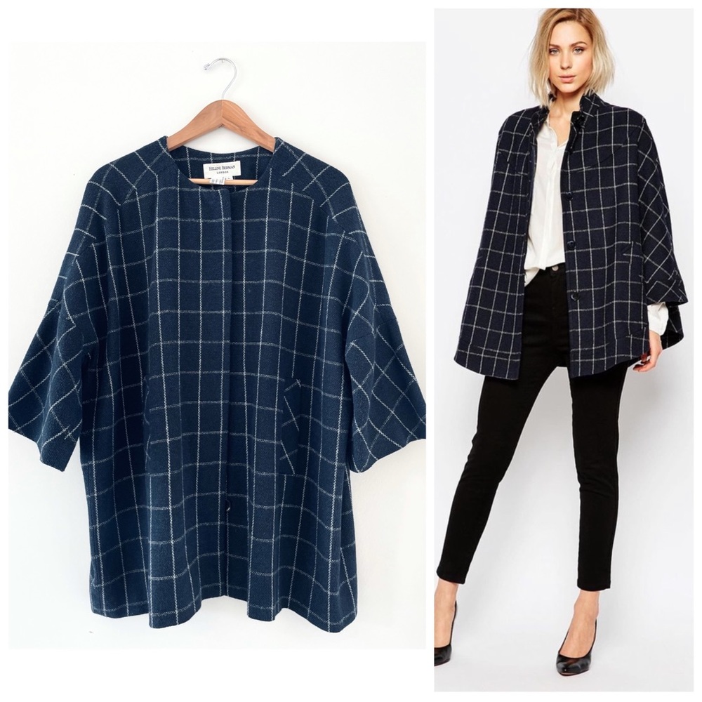 HELENE BERMAN LONDON 🍁 WOOL BLEND KIMONO COAT NAVY & WHITE LARGE CHECK